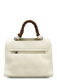 White leather handbag with a zippered front pocket. Brown twisted fabric handle. Smooth texture and structured shape, featuring silver-tone hardware.