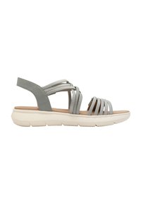 Grå sandal med flettede stropper, en polstret beige sål og en hvid gummi sål. Har en åben bag og justerbar strop.