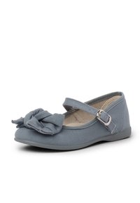 Gray canvas flat shoe with a large bow detail at the toe and a strap with a silver buckle. Slightly rounded toe and textured surface.