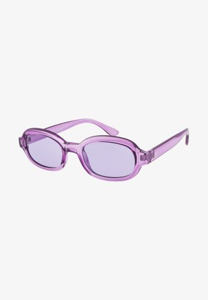 Occhiali da sole viola con una montatura traslucida, lenti ovali e tempie curve. Presentano una leggera presa sul ponte e un design elegante.