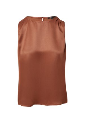 Bronze satin sleeveless top with a round neckline, back keyhole opening, and soft, smooth texture. Simple, elegant design.