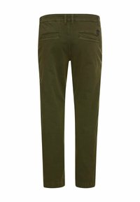 Schlanke olivgrüne Hose mit flachem Bund und zwei Gesäßtaschen, von hinten betrachtet.