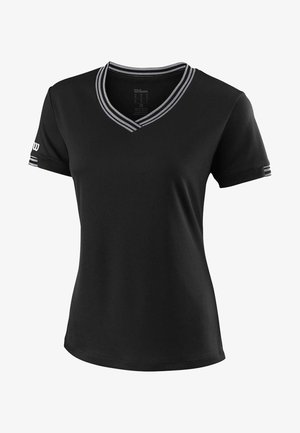 Černé polo tričko s krátkými rukávy a výstřihem do V, s žebrovaným límcem a lemy rukávů se šedými pruhy. Vyrobené z hladké, pohodlné látky.