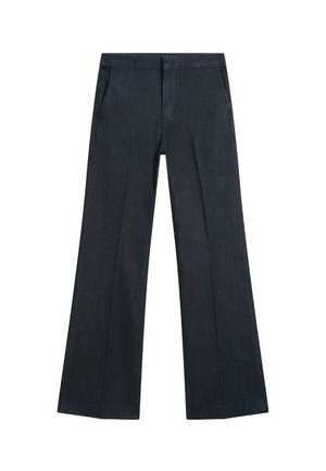 Mørkeblå bredbenede bukser med forlommer og midtersømsdetaljer, lavet af denimstof.