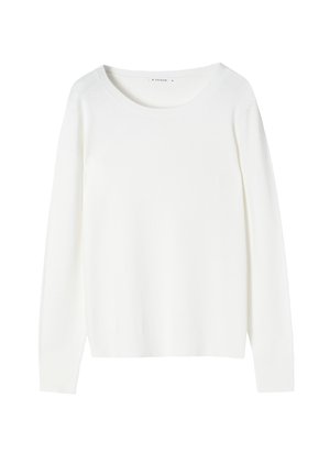 Weißer, langärmeliger Pullover aus weichem Material. Verfügt über einen weiten Rundhalsausschnitt sowie gerippte Bündchen und Saum. Einfaches, klassisches Design.