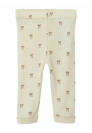 Helle gelbe Baby-Leggings aus weichem Stoff mit einem sich wiederholenden braunen Schleifenmuster. Knöchellang mit einem eng anliegenden Bund und einem unteren Saum.