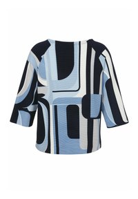 Bluse mit blau-weißer Musterung, die geometrische Designs zeigt, mit einem Rundhalsausschnitt, dreiviertelärmeln und einer strukturierten Stoffoberfläche.