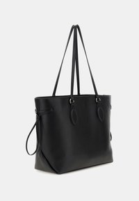 Zwarte leren tote bag met dubbele handvatten, een gladde afwerking en subtiele stikdetails. Heeft een ruime, gestructureerde vorm.