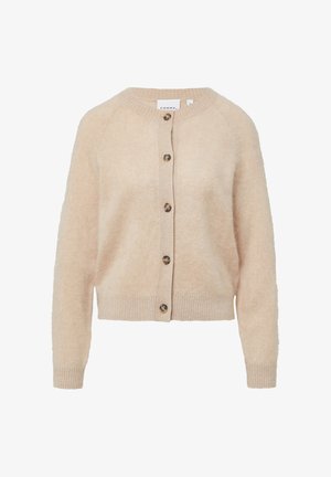 Light beige cardigan made of soft material, featuring a round neckline, ribbed cuffs and hem, and six brown buttons along the front.