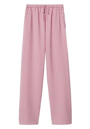 Różowe i białe spodnie w pionowe paski z elastycznym pasem i sznurkiem do regulacji, o prostym kroju nogawek i bocznych kieszeniach.