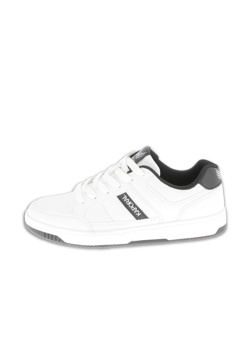 White sneaker with a smooth synthetic upper, black accents on the heel and tongue, padded collar, and rubber sole for traction.