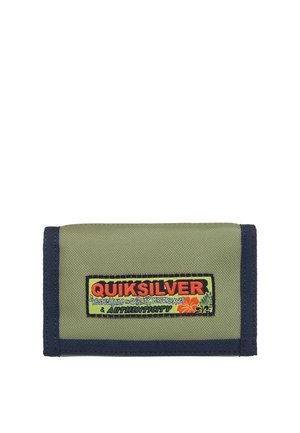Small green fabric wallet with black trim and a colorful Quiksilver logo patch on the front center.