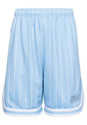 Short de basketball bleu clair avec des rayures verticales blanches, taille élastique et un petit logo brodé près de l'ourlet sur la jambe droite.