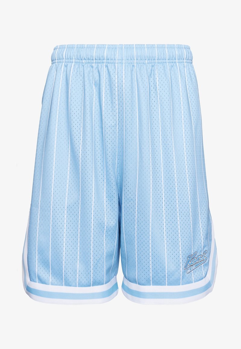 Short de basketball bleu clair avec des rayures verticales blanches, taille élastique et un petit logo brodé près de l'ourlet sur la jambe droite.