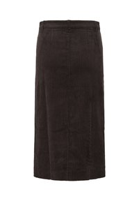 Dark brown corduroy skirt with a straight silhouette, featuring vertical ribbing texture and a waistband with belt loops.