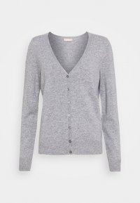 Grå cardigan med lange ermer, V-hals, frontlukking med knapper, myk tekstur og subtilt mønster. Knapper er runde og mørke.