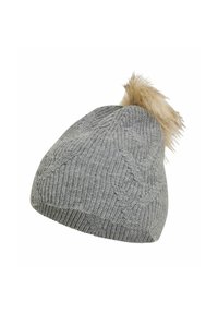 Grijze gebreide beanie met een textuurpatroon en een lichtgekleurde nepbont pompon bovenop. Heeft een snug fit en een geribbelde manchette.