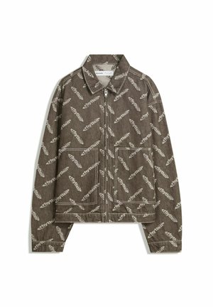 Brown jacket with a zip front, featuring a feather pattern in beige. It has a collar and two front pockets with a slightly cropped cut.