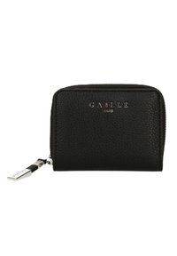 Portafoglio in pelle nera con finitura testurizzata, chiusura con zip e logo "GASLLE PARIS" in rilievo sul davanti. Include accessori in metallo e dettagli di design.