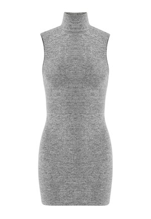 Vestido sin mangas de punto ajustado en gris jaspeado, con cuello alto tipo tortuga, mostrado plano sobre un fondo blanco.