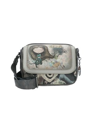 Graue Schultertasche mit illustriertem Mädchen- und Eulen-Design. Verfügt über einen Reißverschluss, einen verstellbaren Riemen und eine strukturierte Oberfläche.
