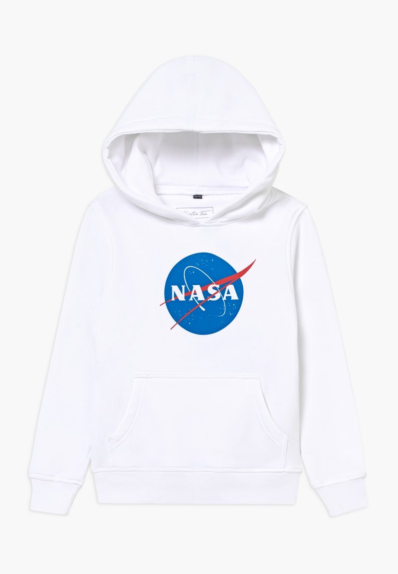 Felpa bianca con cappuccio caratterizzata da un grande logo blu della NASA con stelle e un tratto rosso. Include una tasca frontale e polsini e orlo a costine.