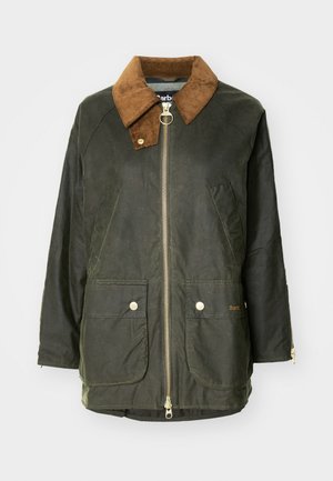 Wachtd katoen jack in donkergroen met een bruine corduroy kraag, vooraan met rits sluiting, twee grote opgestikte zakken en gouden hardware accenten.