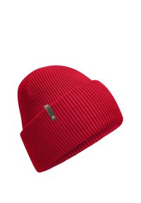 Red ribbed knit beanie with a folded cuff and a small black label featuring a star logo. Soft texture with a snug fit.