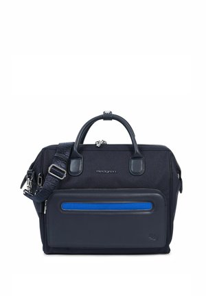 Schwarze Hedgren Reisetasche mit oberen Griffen, verstellbarem Schultergurt und Frontreißverschlusstasche mit blauem Akzentstreifen.