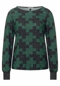 Långärmad kvinnas tröja med vid halsringning, prydd med ett stort rutmönster i grönt och mörkgrått samt ribbade ärmslut.