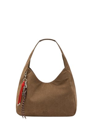 Borsa a tracolla in velluto a coste marrone con una singola tracolla, decorata con portachiavi con nappine rosse e marroni sul lato sinistro.