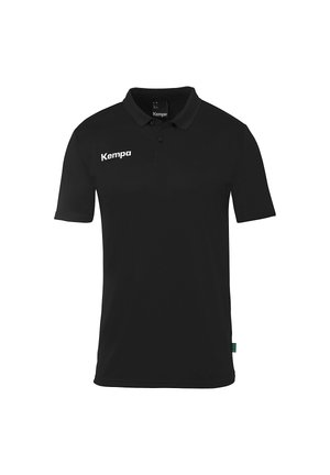 Zwarte polo met een gladde stof, voorzien van een kraag, korte mouwen en een wit "Kempa" logo op de linkerkant van de borst.