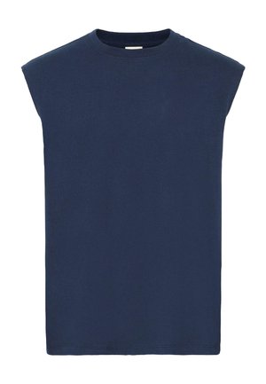 Nachtblau mouwloos T-shirt van zachte katoen, met een ronde halslijn en een rechte snit met een gladde textuur.