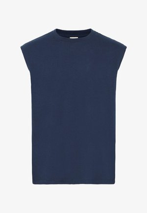 Nachtblau mouwloos T-shirt van zachte katoen, met een ronde halslijn en een rechte snit met een gladde textuur.