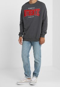 Šedá mikina s nápisem "AUTHENTIC" červenými písmeny. Nošena s světle modrými džíny a šedo-bílými teniskami. Ležérní, pohodlný střih s žebrovanými lemy rukávů.