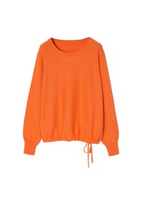 Oranž pikkade varrukatega pullover ümmarguse kaeluse, sirge ja stringiga kokku tõmmatava hemmi ning elastsete mansettidega. Ühtlane sile tekstuur.