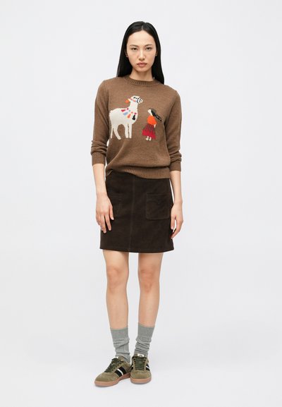 Naine, kes kannab pruunikas kampsunit, millel on laama ja tüdruku kujutis, tumedat pruuni seelikut, hallid sokke ja rohelisi tossusid, seisab valge tausta ees.