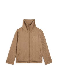 Veste zippée en tricot beige avec un col haut, motif en relief en cable et deux poches latérales.