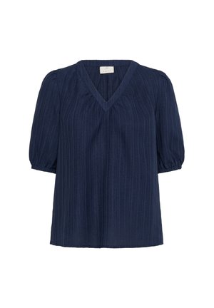 Haut bleu marine avec un col en V et des manches bouffantes courtes. Fabriqué en tissu texturé avec des rayures verticales. Conception à coupe ample.