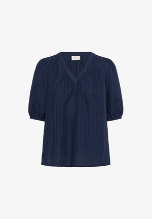 Granatowa bluzka z dekoltem w serek i krótkimi bufkami. Wykonana z teksturowanej tkaniny z pionowymi paskami. Luźny krój.