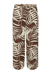 Ruskeat housut, joissa on valkoinen palmulehtikuosi, joustava vyötärö, jossa on naru, taitettu rakenne ja leveät lahkeet.