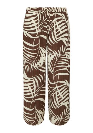 Pantaloni marroni con un motivo a foglia di palma bianca, vita elastica con cordino, texture plissettata e design a gamba larga.