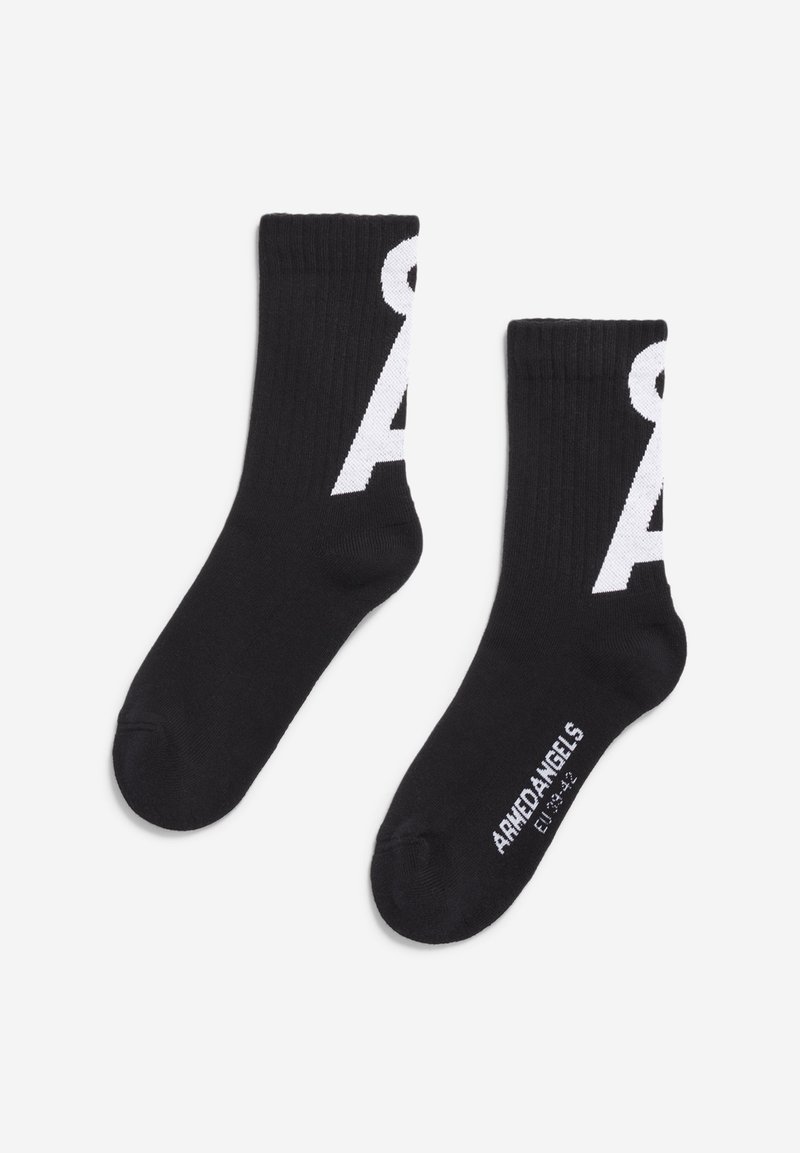 Schwarze Socken mit gerippter Textur, mit einem weißen "A"-Logo an den Seiten und dem Text "ARHEDANGELS" an der Sohle. Standard Crew-Länge.