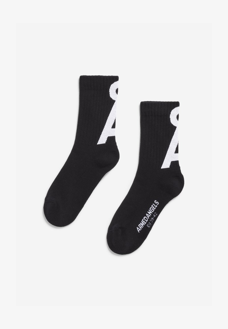 Schwarze Socken mit gerippter Textur, mit einem weißen "A"-Logo an den Seiten und dem Text "ARHEDANGELS" an der Sohle. Standard Crew-Länge.