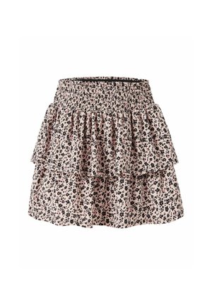 Jupe mini à volants avec taille élastiquée froncée et motif floral noir et rose sur tissu beige clair.