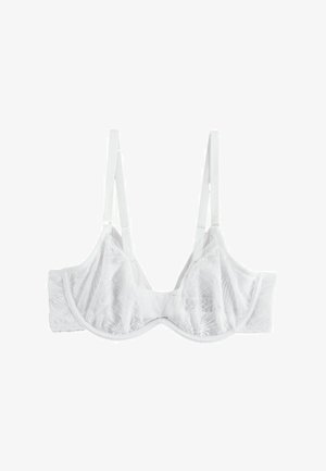 Weißer Spitzen-BH mit Bügeln, verstellbaren Schulterriemen und floralem Netzmuster auf den Cups und Seiten, flach auf weißem Hintergrund dargestellt.