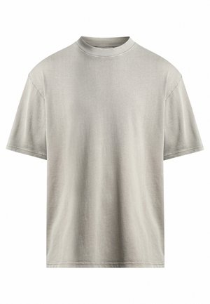Light grey cotton t-shirt with a high neckline, short sleeves, and a relaxed fit. Smooth texture with minimal stitching details.