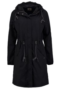 Černá dámská parka s kapucí, předním zipem, stahovacími nohavicemi a kapucí, dlouhými rukávy a dvěma předními kapsami.