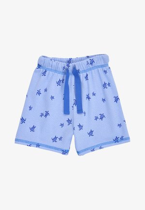 Hellblaue Kinderkurzshorts mit elastischem Bund, blauem Kordelzug und dunkelblauen Schildkrötenmustern auf dem gesamten Stoff.