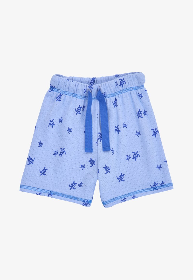 Shorts pour enfants bleu clair avec une ceinture élastique, un cordon de serrage bleu et des motifs de tortues bleu foncé sur tout le tissu.